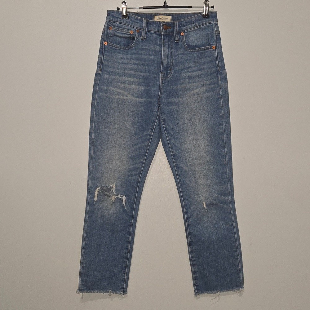 B#82 Madewell The High Rise Slim Crop‎ Boyjean Distressed Size 24 Blue Denim